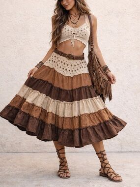 Lulumari Boho Tiered Midi Skirt L Brown Cream Grommet Y2K Western